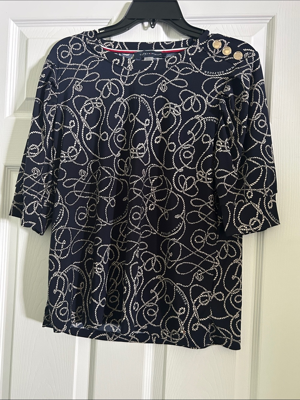 Tommy Hilfiger Navy and White Rope-Print Short Sleeve Top with Gold Buttons